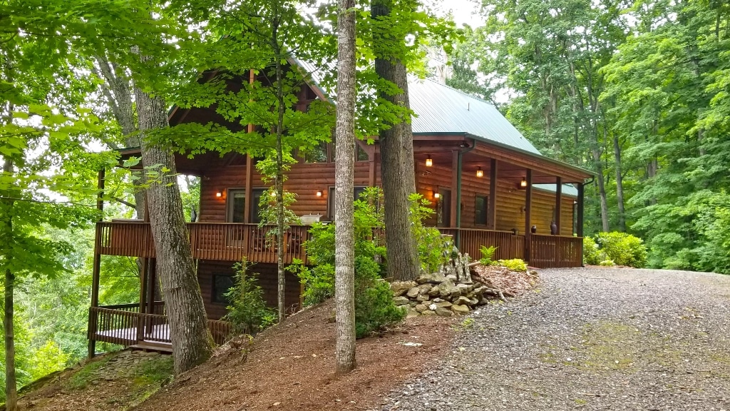 Exterior view of 733 Bolens Creek Rd, Burnsville, NC, a totally private NC mountain cabin -- a great example of unusual asheville area real estate.