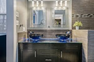 Blue basins in the converted schoolhouse.