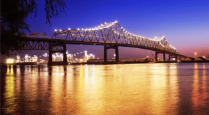 Mississippi River bridge. the larges rive in The US would be an interesting place to buy as noted in the Buyer's Guide to Waterfront Properties