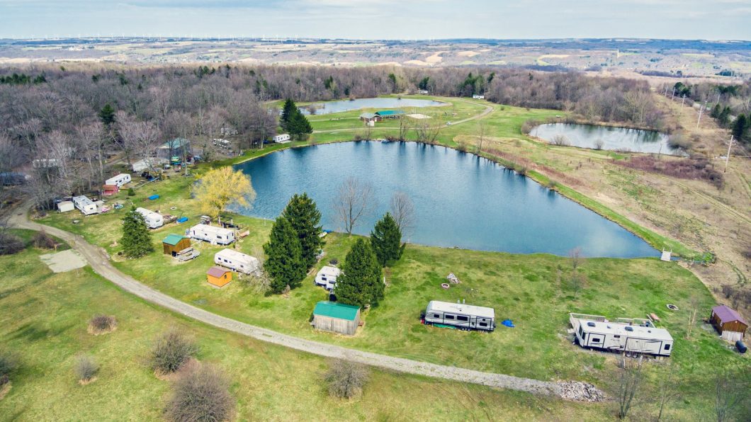 Aerial view of the HOA Campground with lakes and campers.