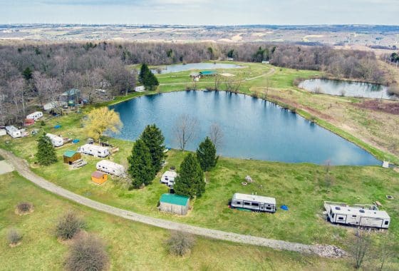 Aerial view of the HOA Campground with lakes and campers.